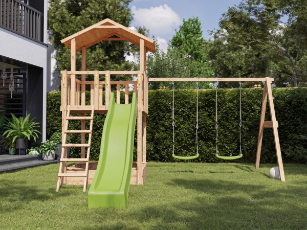 Tilly Premium speeltoren met dubbele schommel in lariks incl. groene glijbaan + groene zitjes