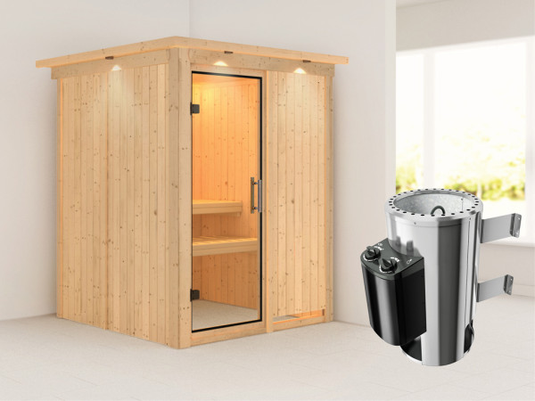 Systeemsauna Minja met dakkraag, transparent glazen deur + Plug & Play saunakachel met besturing