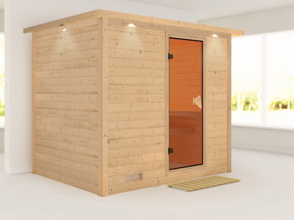 Massieve sauna Sonara met dakkraag, kompleet transparente gebronsde glazen deur