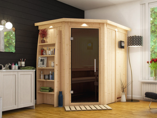 Systeemsauna Saja met dakkraag, grafiet glazen deur + Plug & Play Bio-kachel met ext. besturing