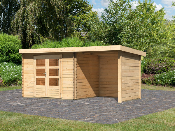 Blokhut tuinhuis SET Bastrup 3 28mm natuurlijke afwerking, incl. 2 m aangebouwd dak +zij--achterwand