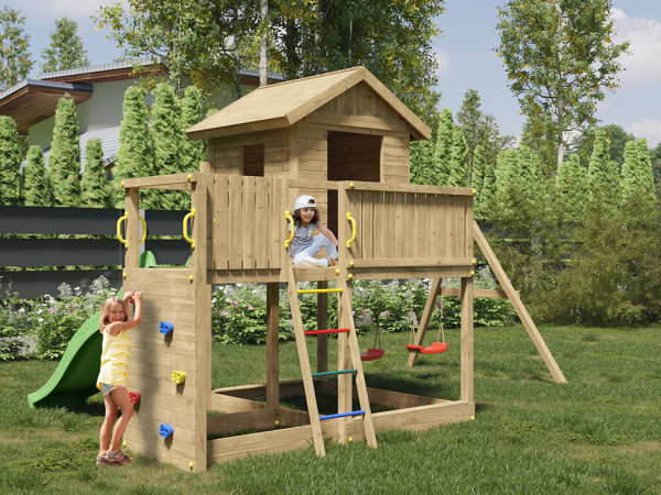 Speeltoren Galaxy L druk geïmpregneerd incl. dubbele schommel + glijbaan groente