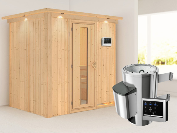 Systeemsauna Fanja met dakkraag, energiebesparende deur + Plug & Play saunakachel met ext. besturing