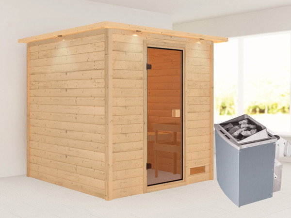 Massieve sauna Jara met dakkraag, incl. 4,5 kW kachel met int. besturing