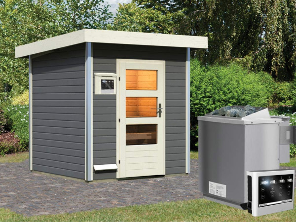 Saunahaus Torge grijs met transparente glazen deur, incl. 9 kW Bio-Combi-kachel met ext. besturing