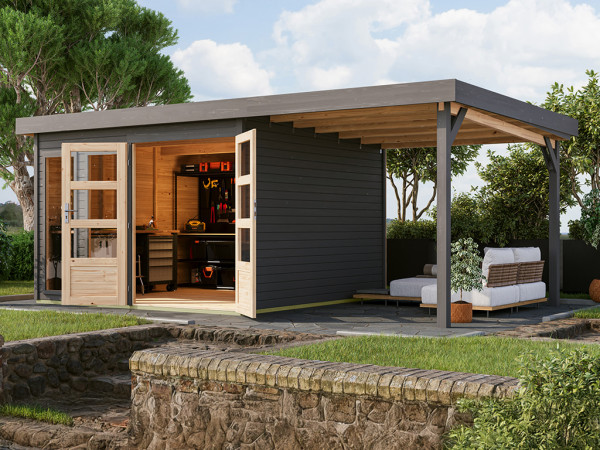 Tuinhuis Baraya 6 19 mm terragrijs inclusief 2,4 m aanbouwdak