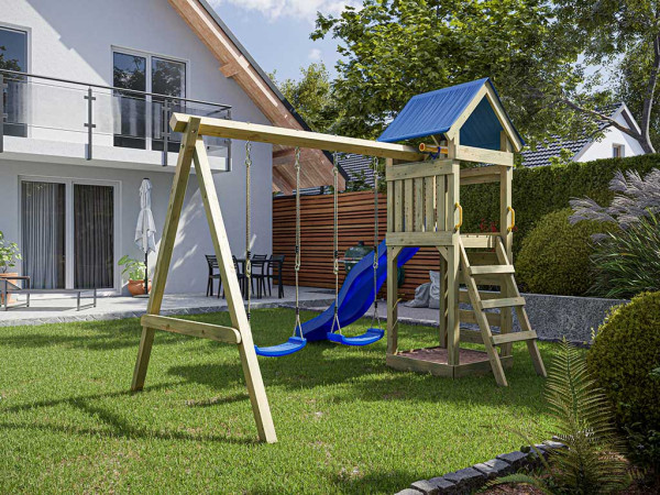 Speeltoren Easy van geïmpregneerd hout incl. dubbele schommel met blauwe glijbaan en blauwe schommel