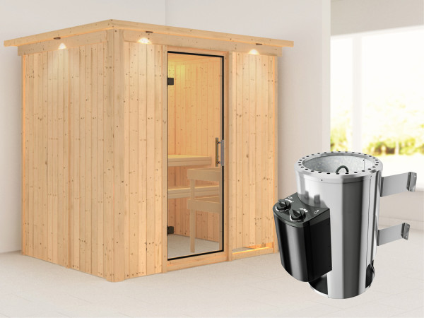 Systeemsauna Fanja met dakkraag, transparent glazen deur + Plug & Play saunakachel met besturing