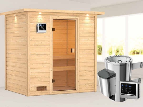 Sauna Selena met gebronsde glazen deur en dakkraag + 3,6 kW Plug & Play saunakachel ext. besturing