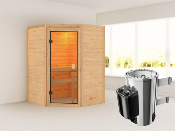 Sauna Antonia met gebronsde glazen deur + 3,6 kW Plug & Play saunakachel int. besturing