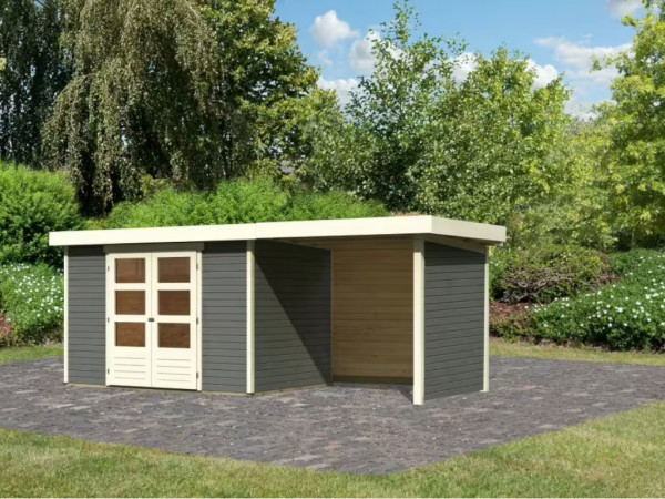 Tuinhuisje set Askola 4, terra grijs incl. 2,4 m uitbouw dak, zij- en achterwand