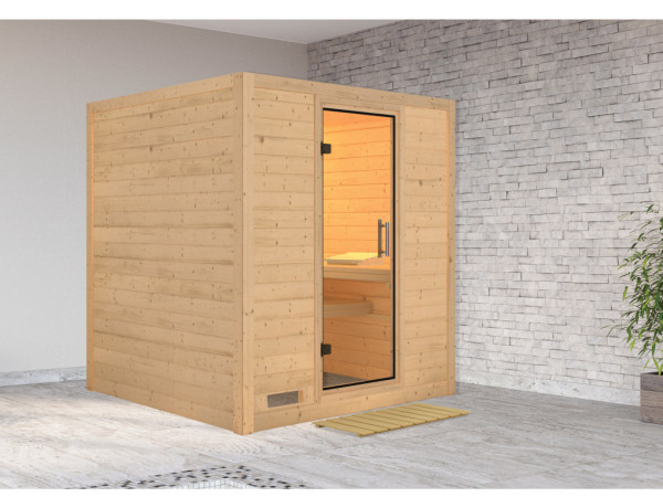 Karibu massief houten sauna Premium sauna 38mm Eva SPARSET incl. 9 kW bio combikachel en extra bedie