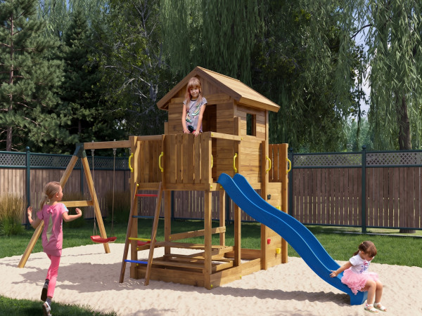 De afbeelding toont een huis op palen inclusief glijbaan - beschikbaar als optie.