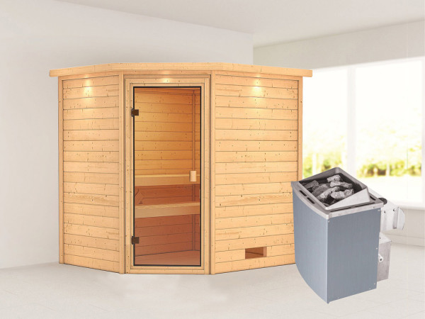 Massieve sauna Elea met dakkraag, incl. 4,5 kW kachel met int. besturing