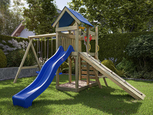Geïmpregneerd houten speeltoren Hefty incl. dubbele schommel en blauwe glijbaan met blauwe schommelz