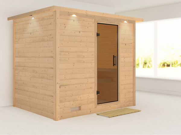 Massieve sauna Sonara met dakkraag, grafiet glazen deur