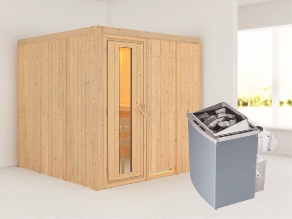 Systeemsauna Rodin houten deur met geïsoleerd glas, incl. 9 kW saunakachel int. besturing