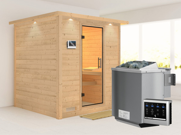 Massieve sauna Mojave met dakkraag, transparent glazen deur+9kW Bio-Combi-kachel met ext. besturing