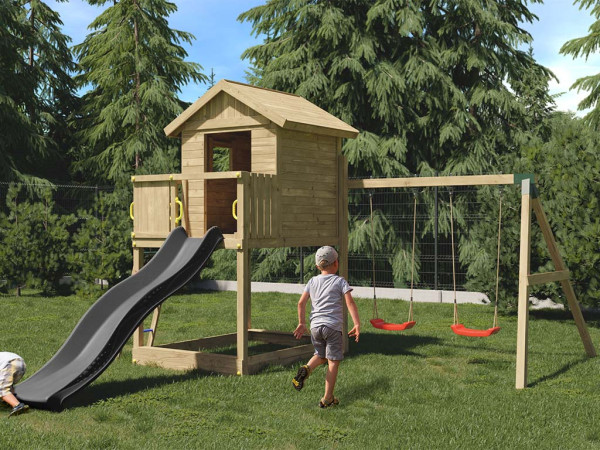Geïmpregneerd houten speelhuisje op palen "Galaxy S" met speeltoren, dubbele schommel en grijze glij