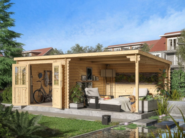 Tuinhuis blokhut CA2977 28 mm naturel met 3 m aanbouw