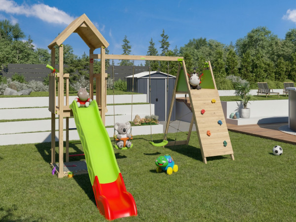 Speeltoren Malou incl. dubbele schommel, klimplatform met glijbaan groen-rood