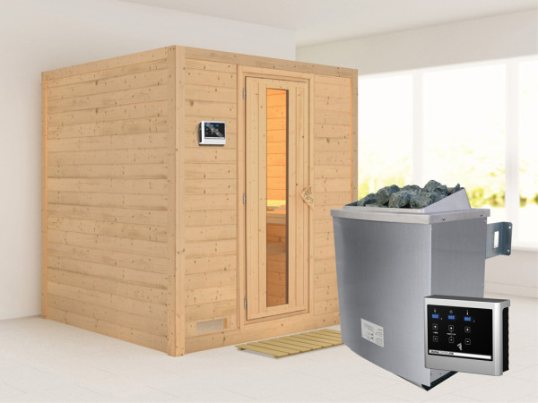 Massieve sauna Mojave houten deur met geïsoleerd glas, incl. 9 kW kachel ext. besturing