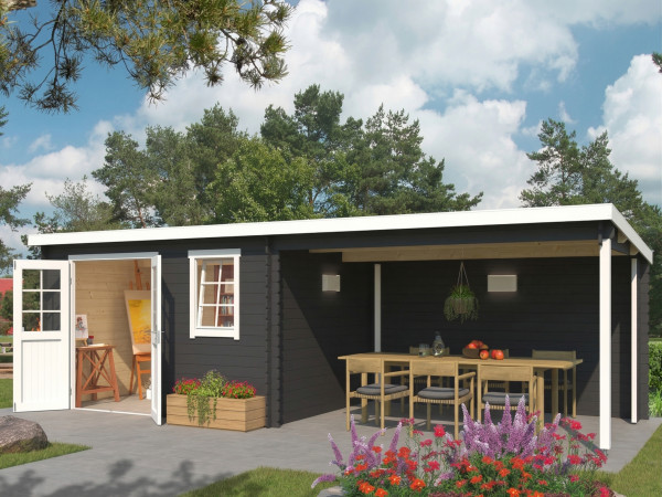 Blokhut Aida 800 28 mm carbongrijs met 3,8 m aanbouw