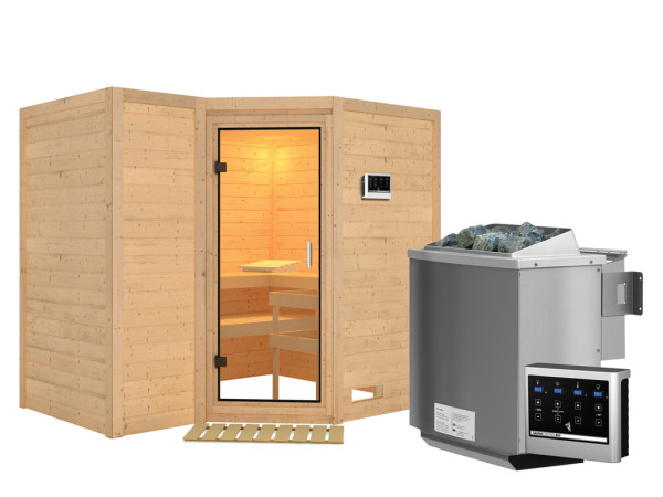 Massieve sauna Sahib 2 transparent glazen deur + 9 kW Bio-Combi-kachel met ext.besturing