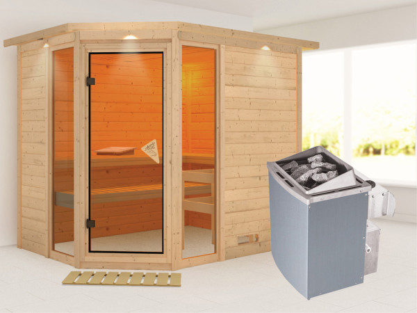 Massieve sauna Sinai 3 met dakkraag, incl. 9 kW saunakachel int. besturing
