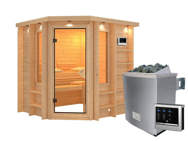 Massieve sauna Cortona met dakkraag, incl. 9 kW saunakachel ext. besturing