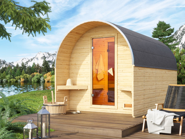 Barrel sauna 3 met voorkamer 38 mm blank hout