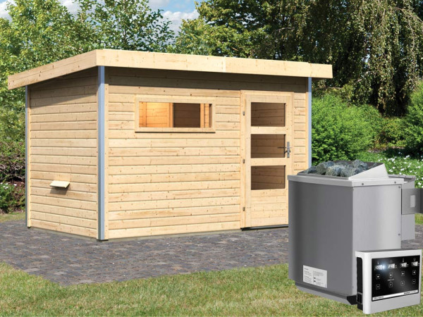 Saunahuis Skrollan 1 met transparente glazen deur & voorkamer, incl. 9kW Bio-Combi-kachel met