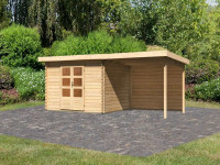 Voorbeeld: berging blokhut SET Bastrup 7 28 mm natuurlijke afwerking, incl. 3 m verlenging dak + achterwand Voorbeeld: berging blokhut SET Bastrup 7 28 mm natuurlijke afwerking, incl. 3 m verlenging dak + achterwand