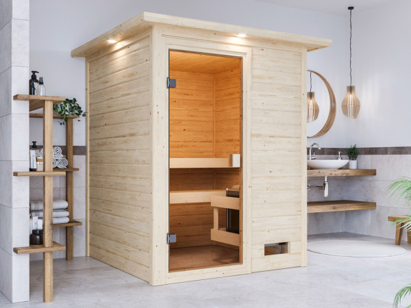 Sauna Sandra met gebronsde glazen deur en dakkraag