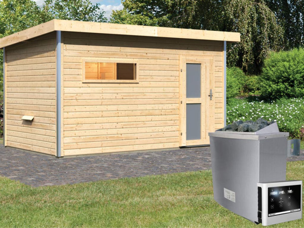 Saunahuis Skrollan 3 met matglazen deur & voorkamer, incl. 9 kW saunakachel met ext. besturing