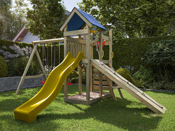 Geïmpregneerd houten speeltoren Hefty incl. dubbele schommel en gele glijbaan met rode schommelzitje