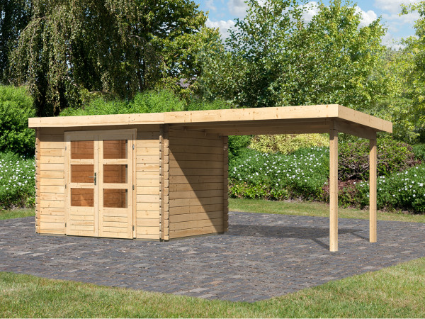 Tuinhuisje blokhut SET Bastrup 3 28 mm natuurlijke afwerking, incl. 3 m aangebouwd dak