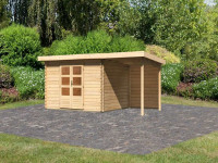 Voorbeeld: berging blokhut SET Bastrup 7 28 mm natuurlijke afwerking, incl. 2 m verlenging dak + achterwand Voorbeeld: berging blokhut SET Bastrup 7 28 mm natuurlijke afwerking, incl. 2 m verlenging dak + achterwand