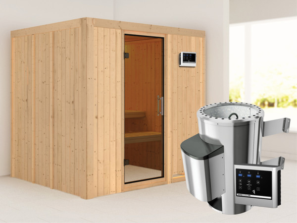 Systeemsauna Daria grafiet glazen deur + Plug & Play saunakachel met ext. besturing