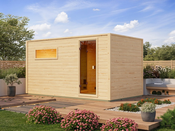 Voordeelset buitensauna Lenchen 6 natur met 9 kW saunakachel en externe besturing