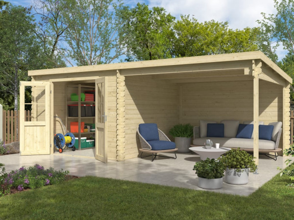 Tuinhuis Blokhut Orlando exclusief 28 mm onbehandeld met 3 m aanbouw