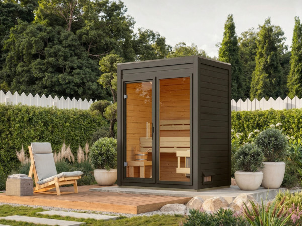 Buitensauna View terragrau met helderglasdeur