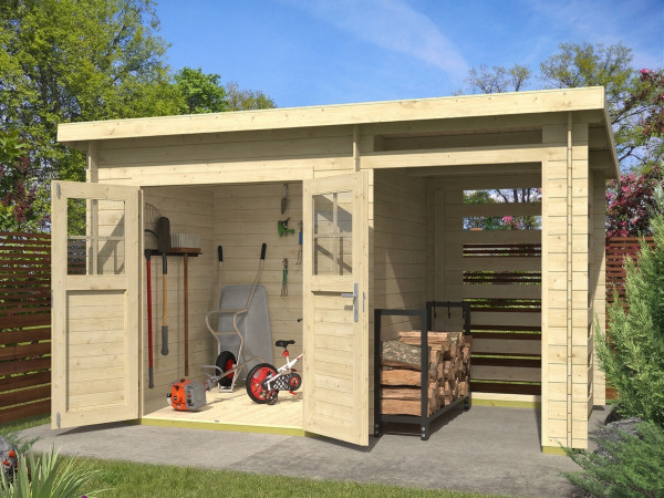 Tuinhuis blokhutconstructie "Linz" 19 mm onbehandeld incl. vloer + 150 cm aanbouw