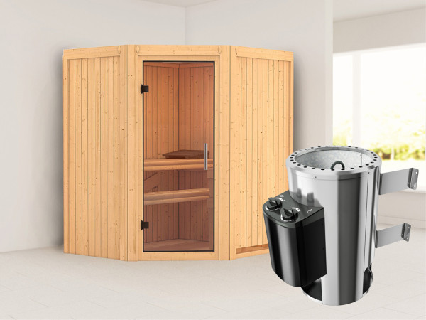 Systeemsauna Tonja transparent glazen deur + Plug & Play saunakachel met besturing