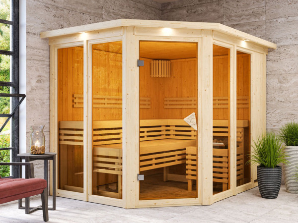 Sauna systeemsauna Premiumsauna Nuri spaarset incl. 9 kW saunakachel met geïntegreerde bedieningsuni