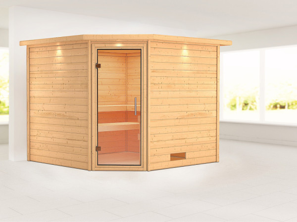 Massieve sauna Leona met dakkraag, transparent glazen deur