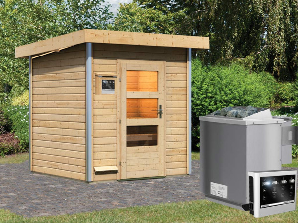 Saunahuis Torge met transparente glazen deur, incl. 9 kW Bio-Combi-kachel met ext. besturing