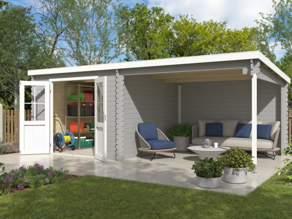 Tuinhuis blokhut Orlando exclusief 28 mm lichtgrijs met 3 m aanbouw
