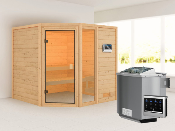 Sauna Tabea met gebronsde glazen deur + 9 kW Bio-Combi-kachel ext. besturing