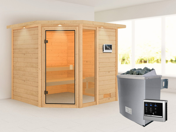 Sauna Tabea met gebronsde glazen deur en dakkraag + 9 kW saunakachel ext. besturing